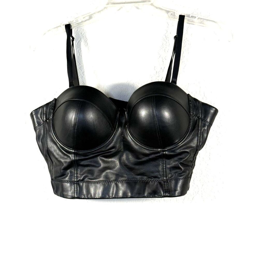 Black Faux Leather Bustier Corset Crop Top Large Molded Cups Adjustable Straps